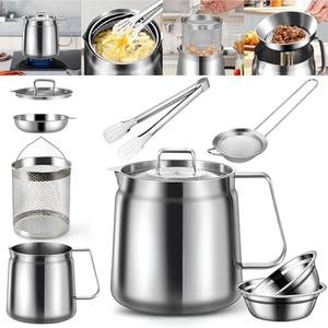 2L Stainless Steel Oil Filter Pot, 2 in 1 Oil Strainer Pot, Bacon Grease Saver with Strainer, Frying Basket, Filter, Mixing Bowls and Clip, Versatile Bacon Grease Container for Kitchen Storing Grease