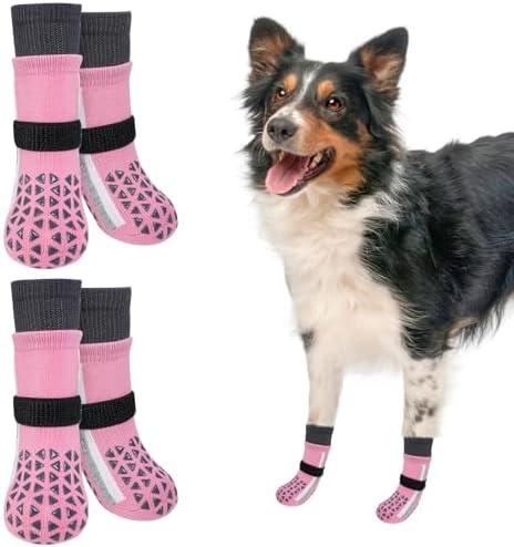 SCENEREAL Anti Slip Dog Socks for Hot Pavement to Prevent Licking Paws, Long Sporty Style Reflective Dog Grip Socks for Hardwood Floors, Dog Shoes Booties&Paw Protector for Large Senior Dog, Pink L