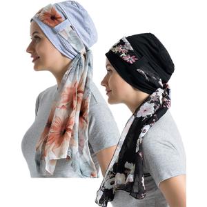 JarseHera Bamboo Cotton Liner Chemo Headwear for Womenwith Silky Scarfs for Cancer Hair Loss Sleep Caps Beanie (Black+Gray,2 Pair, One Size Fit Most)
