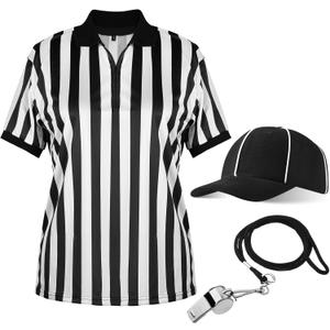 Geyoga 4 Pcs Men's Official Referee Costume Set Black and White Stripe Referee Shirt Hat Whistle Lanyard for Carnival(L)