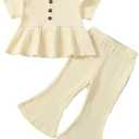 Baby Girl Clothes Toddler Girl Cotton Outfit Rib Long Sleeve Shirt Top Solid Pants Infant Girls Set 2-3Y, Light Yellow