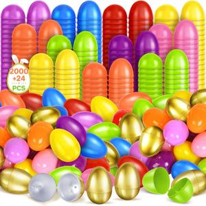 SpringFlower 2000 PCS 2.3" Plastic Easter Eggs With 24 Golden Easter Eggs, Empty Easter Eggs Fillable, Colorful Bright Plastic Eggs Bulks for Easter Basket Stuffers, Easter Hunt, Easter Party Favor