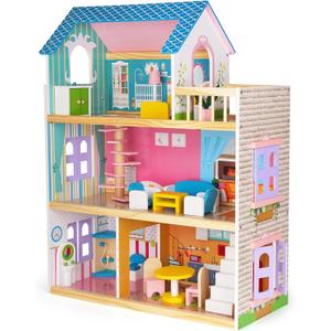 Wooden Dollhouse for Girls Wooden Doll House with Furniture&Accessories, Modern Dollhouse Playset with Wooden Stairs DIY Pretend House Pretend Play Toys Gift for Girl