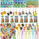 110PCS Safari Party Favors Jungle Party Favors Goodie Bags Stuffers for Camping Party Include Slap Bracelet,DIY Safari Stickers ,Woodland Keychains,Forest Animals Pencil Caps and Party Straws