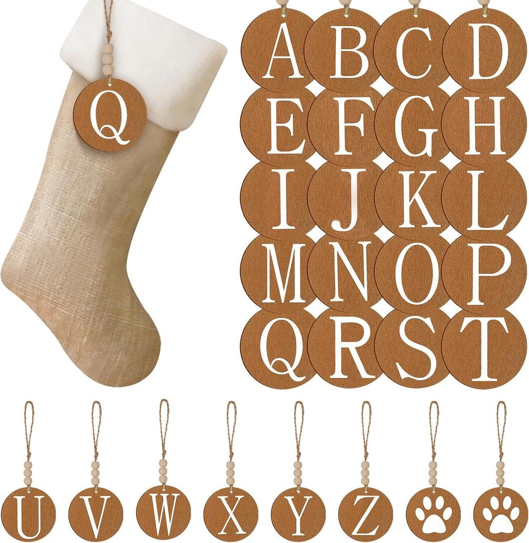Suzile 28 Pieces Christmas Stocking Name Tags Xmas Wooden Stocking Tags with Beads DIY Rustic Xmas Letters Hanging Ornaments for Christmas Tree Farmhouse Decorations Classic
