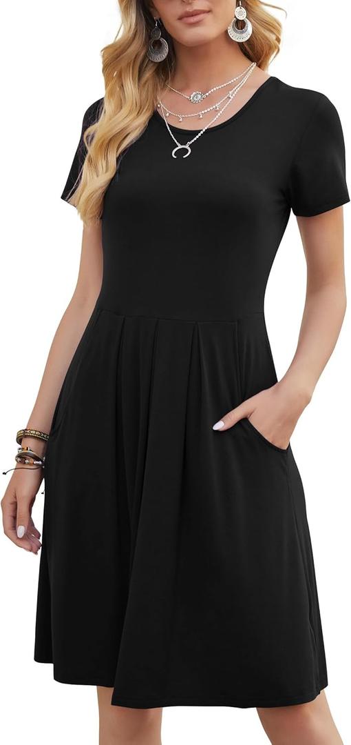 DouBCQ Women's Casual Flowy Pleated Loose Dresses with Pockets (Black, XL)