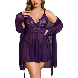 Avidlove Plus Size Lingerie Sexy Lingerie Set Women's Exotic Nightgowns Lace Chemise Lingerie Side Slit Nightdress (20W, Purple)