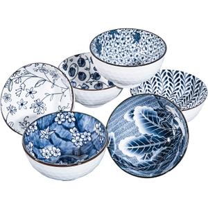 Japanese Style Ceramic Rice Bowls,10 Ounces Small Salad,Soup,Ice Cream Snack Dip Bowl Set of 6,Blue and White Floral Microwave Safe for Kitchen (4.5 inch)