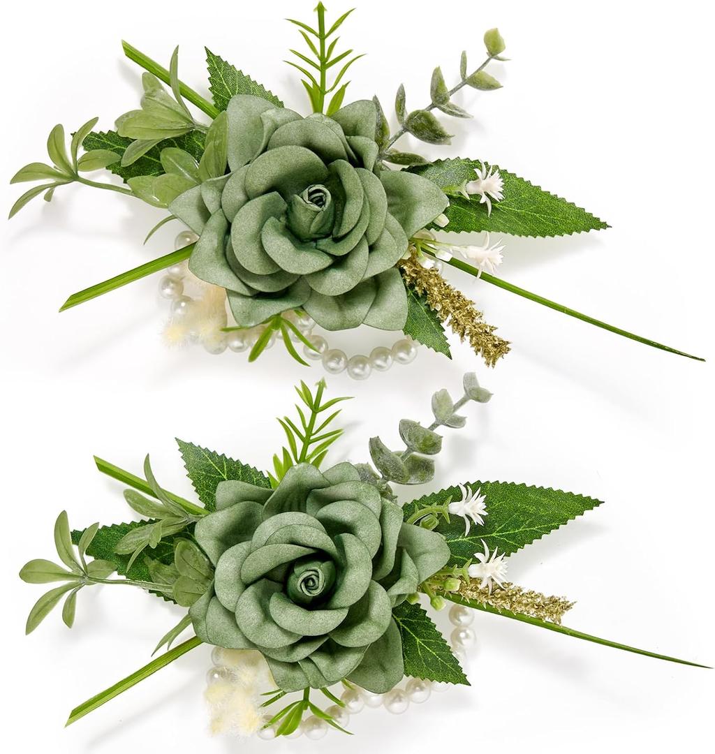 Serwalin 2 Pcs Wrist Corsage, 6-7 Inch Green Corsage for Wedding, Bridesmaid Mother Grandmother, Artificial Flowers for Prom Ceremony Anniversary