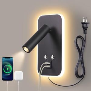 AWEKLIY Wall-Mounted LED Bedside Reading Light Plug-in, with USB Charging Port, Stepless Touch Dimming, 3000K Warm Ambient Lighting Wall Lamp Sconce for Bedroom, Eye-Caring Bedroom Lighting (Black)