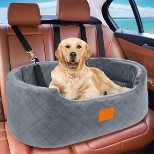 Feporen Dog Car Seat for Medium & Large Dogs up to 55 lbs, Elevated Booster Seat with Anti-Slip Base, Detachable & Machine-Washable Pet Car Bed for SUV/Sedan (Gray)