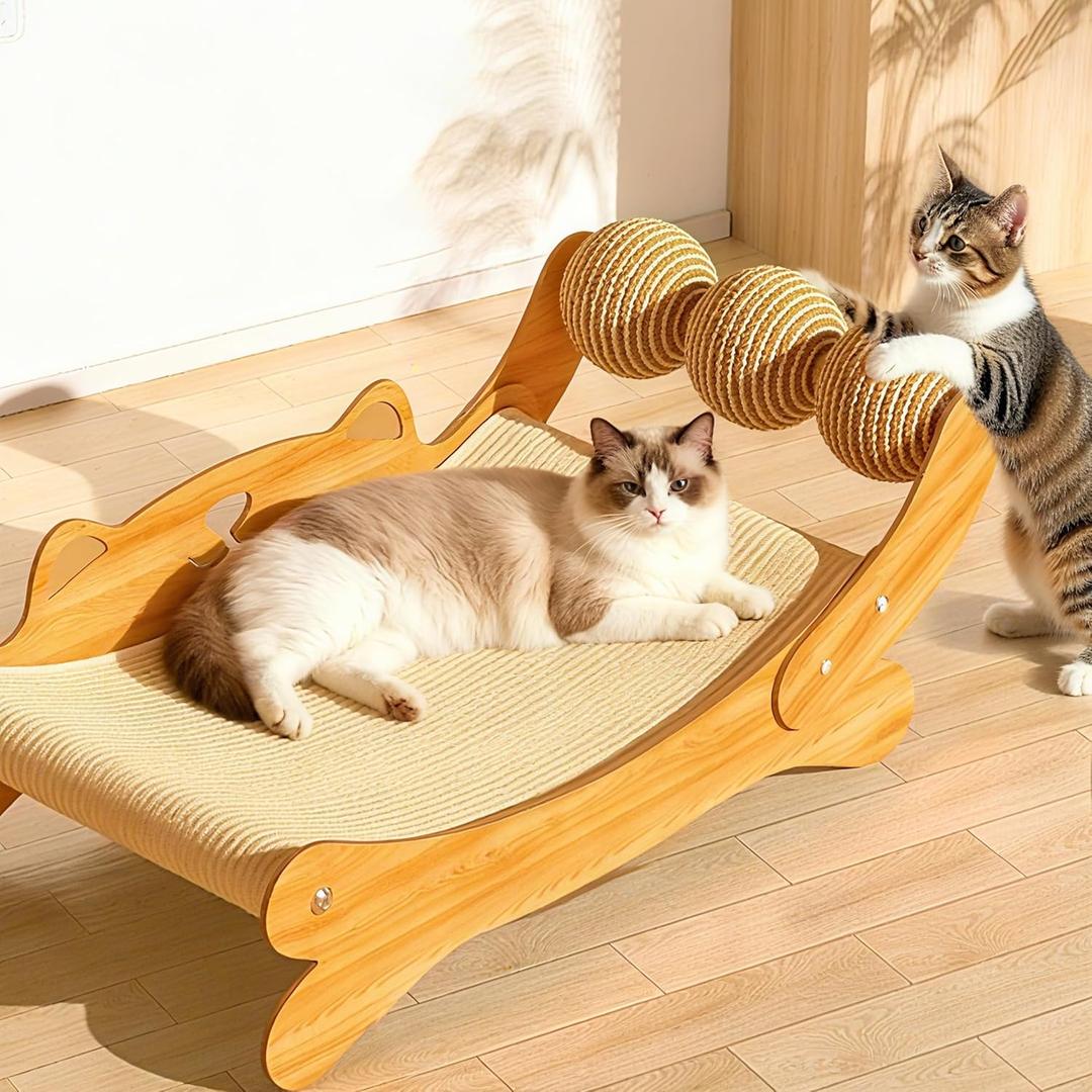 Cat Scratcher Bed for Indoor Cats, 3-in-1 Wooden Cat Hammock Lounge with Durable Scratch Pad & 3 Sisal Balls, Sturdy No-Tip Base Cat Furniture Protects Sofas and Fits Modern Home Decor