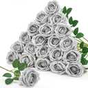 Serwalin 20pcs Artificial Silver Roses, 4'' Big Flower Head, Fake Roses Real Touch, Silk Roses Long Stems Realistic Bouquet for Wedding Parties Table Centerpiece and Home Decor