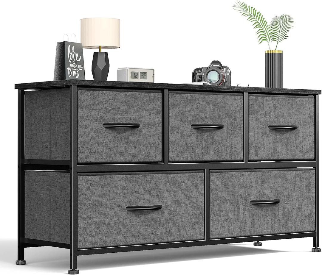 Sweetcrispy Dresser for Bedroom 5 Fabric Drawers Dresser Clothes Cabinet Storage Organizers and Wood Top Surface Table for TV, Chest of Drawers for Bedroom, Living Room, Hallway, Porch Organization