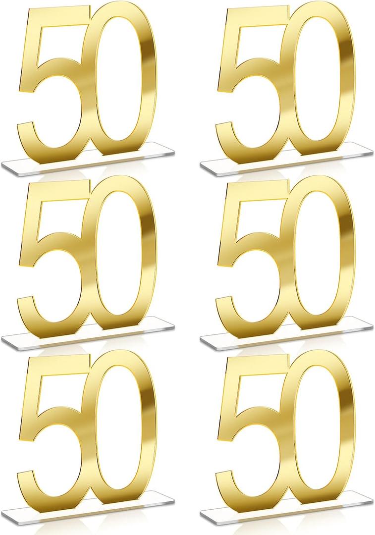 Threehoney 6 Pcs Mirror Gold 50th Birthday Decorations for Men and Women Acrylic Anniversary Decorations Table Numbers Centerpieces for Birthday Party