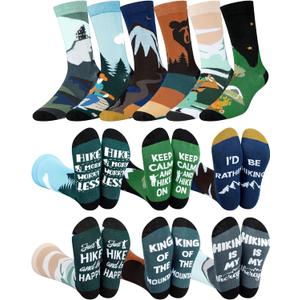 Eurzom 6 Pairs Funny Hiking Socks for Men Novelty Hike Theme Cotton Crew Socks Birthday Holiday Father's Day Gift for Outdoor Hiking Lover