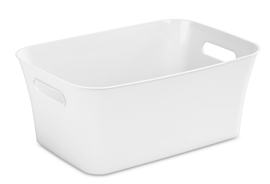 StarPlast 6 Pack Plastic Storage Bin with Handle, White Bathroom Kitchen Organizer Bin for School, Office, Classroom, Hand Soaps, Shampoos, Lotion, Conditioners, Hand Towels, Cosmetic, Snacks, 9.65x6.7x4.2 in