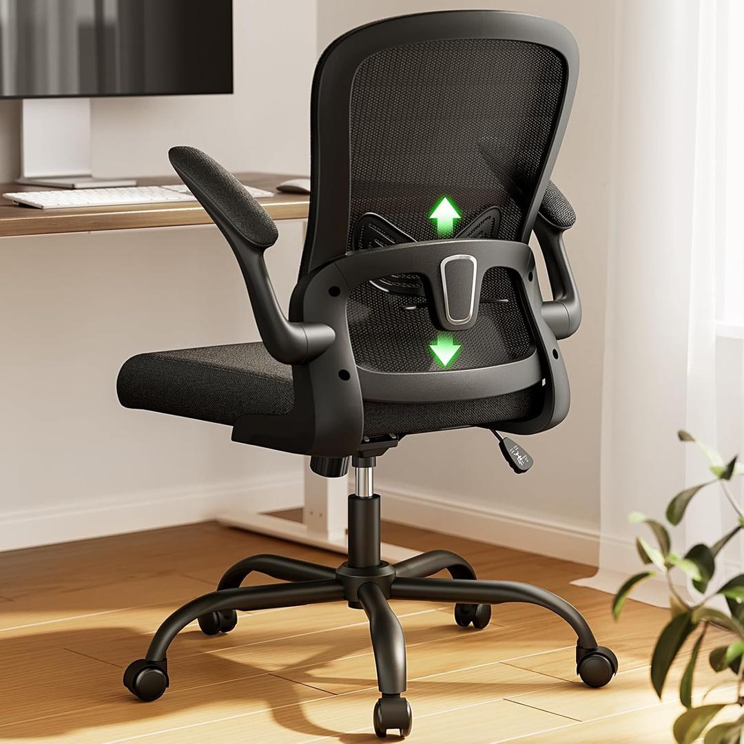 Marsail Office Chair Ergonomic-Desk Chair: Mesh Back Home Office Chair with Adjustable Lumbar Support, Computer Desk Chair with Flip-up Armrests Swivel Home Office Task Chair(Black) (Ebony)