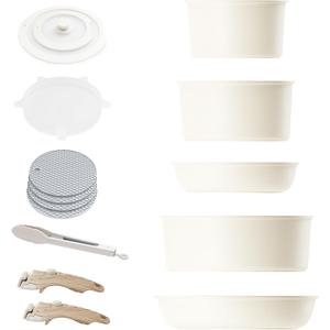 Caannasweis Detachable Nonstick Cookware Set - Stackable Induction Pots and Pans With Removable Handles, Dishwasher Safe - For RV Camping, Oven and Stovetop Use, 5 Pieces (Beige)