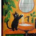 Funny Black Cat Bathroom Canvas Wall Art - Framed Cat Playing with Water Sink Artwork for Bathroom Decor, 12x16 Inch