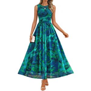 ZESICA Women's Summer Sleeveless Floral Maxi Dress 2026 Casual Crewneck Mesh A Line Flowy Boho Beach Party Long Dresses, M