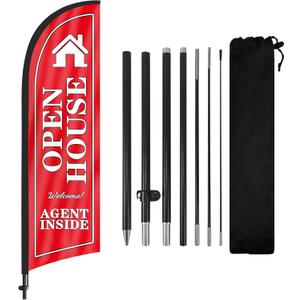 Open House Flags for Real Estate Agents with Pole Kit and Ground stake, Real Estate Open House Signs 8Ft (Black/Red)