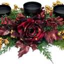 Christmas Candle Holder Xmas Decorations 3 Candle Holders with Burgundy Roses Golden Berries Pine Needles Long Floral Candelabra for Dining Table Mantle and Fireplace Decor