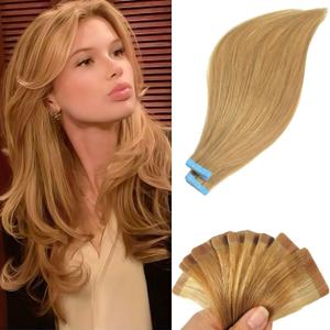 Ash Blonde Tape in Hair Extensions Human Hair Invisible Seamless Tape in Human Hair Extensions Double Side Remy Hair for Women (14 Inch-20pcs-30 Gram, #27 Caramel Blonde)