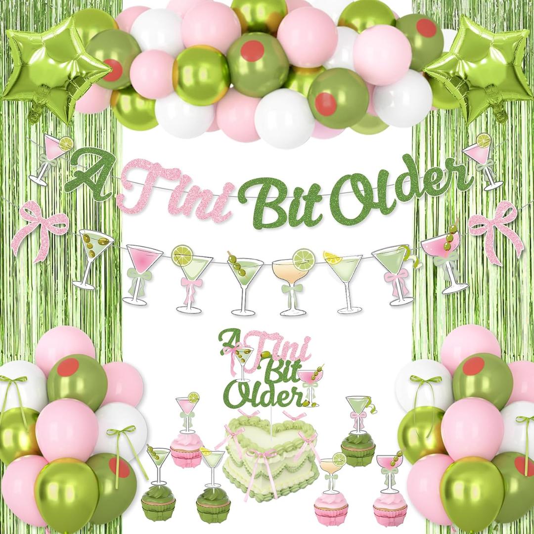A Tini Bit Older Birthday Decorations, Green Pink Glitter Tiny Bit Older Banner Olive Balloons Garland Cake Toppers Bows Fringe Curtain for Girls Women Martini Bar Birthday Bachelorette Party Supplies