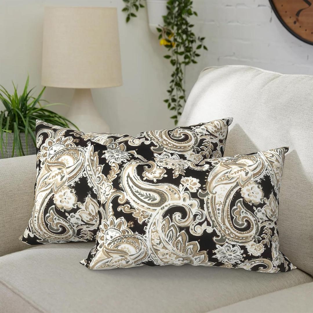DYTXIII Pack of 2 Waterproof Outdoor Lumbar Pillow with Inserts, 12x20 in Rectangle Decorative Patio Throw Pillow for Home, Sofa,Bench and Patio Furniture, Paisley Black