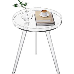 Clear Acrylic Side Table, Round End Table Nightstand Bedside Table Small Circle with Tray for Living Room Bedroom Office Small Space (Clear)