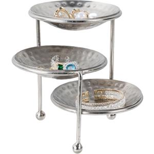 MyGift 3 Tier Jewelry Dish Organizer, 4 Inch Hammered Silver Metal Dishes and Stand, Decorative Ring Tray Jewelry Holder Display Tower for Earrings Necklace Bracelet - Handcrafted in India