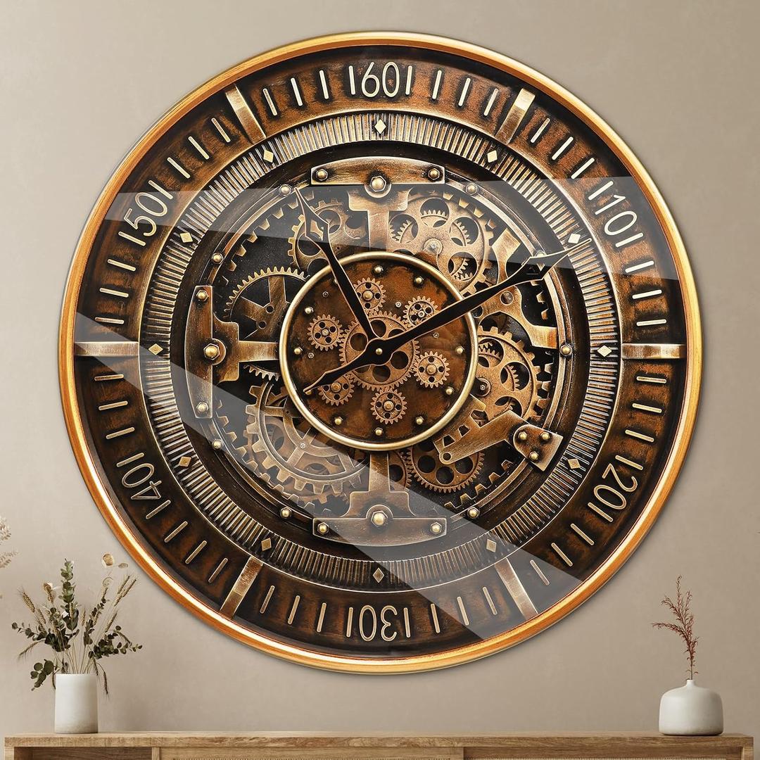 October Elf Large Real Moving Gears Wall Clock 24 Inch Vintage Industrial Steampunk Large Big Metal Wall Clock for Living Room Decor (24 Inch Antique Brass Gold)