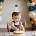 Birthday Party Hat with Number 6 month, Beige with Blue Pom Pom and Trim