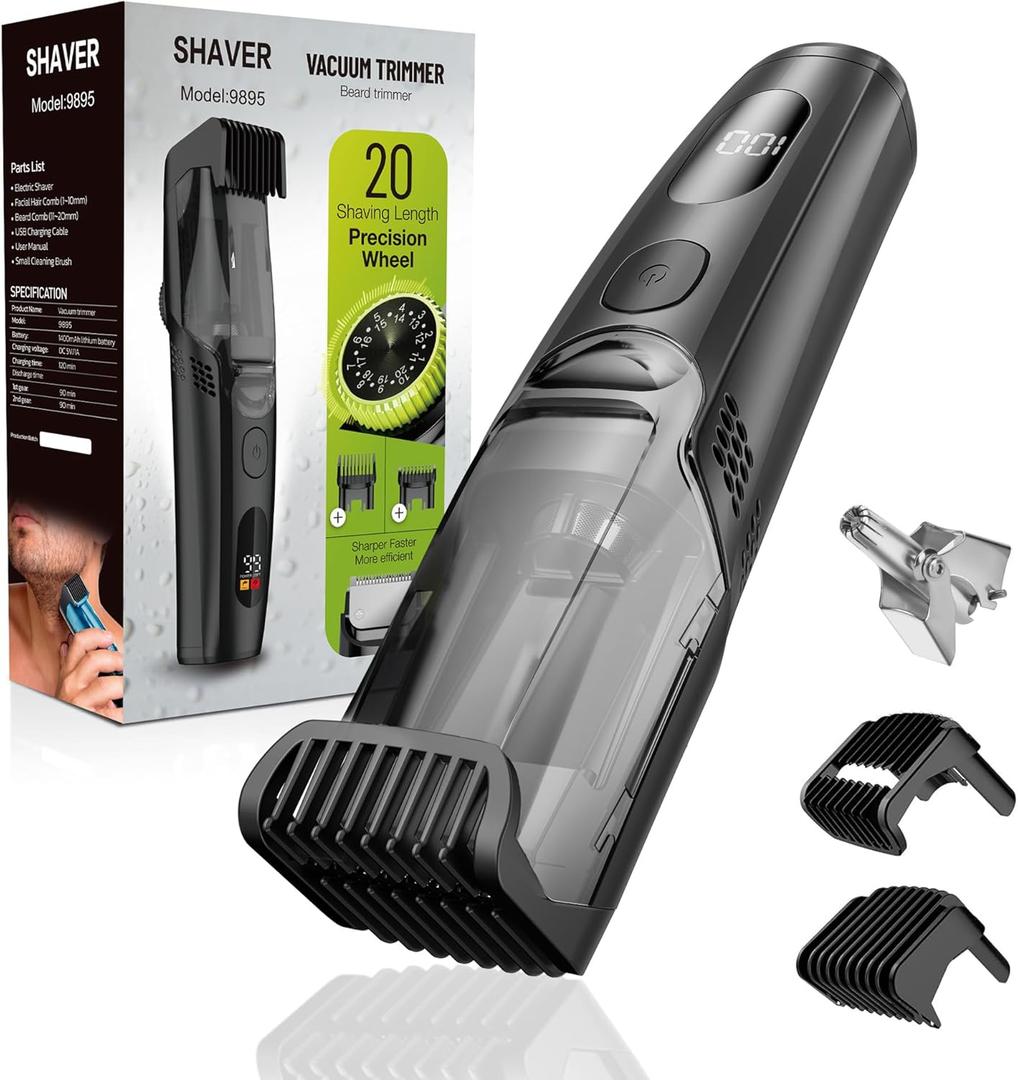 Vacuum Beard Trimmer for Men, Rechargeable Electric Mens Beard Trimmer with Adjustable Length Comb (1-20mm), Cordless Mustache Trimmer for Men with Built-in Vacuum for Facial, Sideburns (Glossy Black)