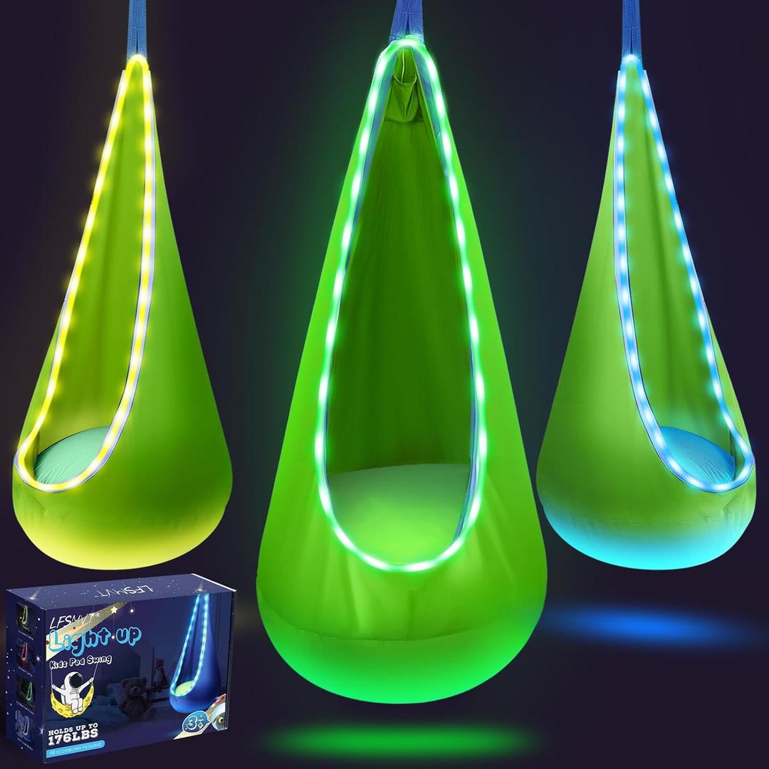 Light Up Kids Pod Swing Seat, Upgraded Kids Hanging Hammock Swing with LED Lights, Cotton Sensory Pod Swing Chair with Inflatable Pillow, Pod Swing for Kids Indoor & Outdoor (1 PCS) (Green)