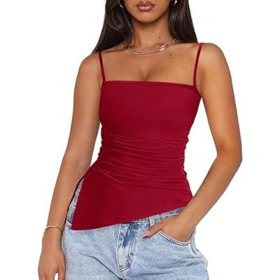 PRETTYGARDEN Women's Summer Spaghetti Strap Tank Tops Sleeveless Camisole Blouses Asymmetrical Going Out Basic Tank Shirt Wine Red Size XXL, Pack Of 4