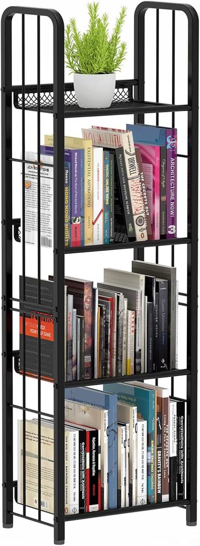 Bookshelf Vertical Storage Freestanding Storage Stand for Living Room, Bedroom, Kitchen, Rust Resistance, Easy Assemblyl Free CombinationMulti-Functional Organizer (4 Tiers, Black)