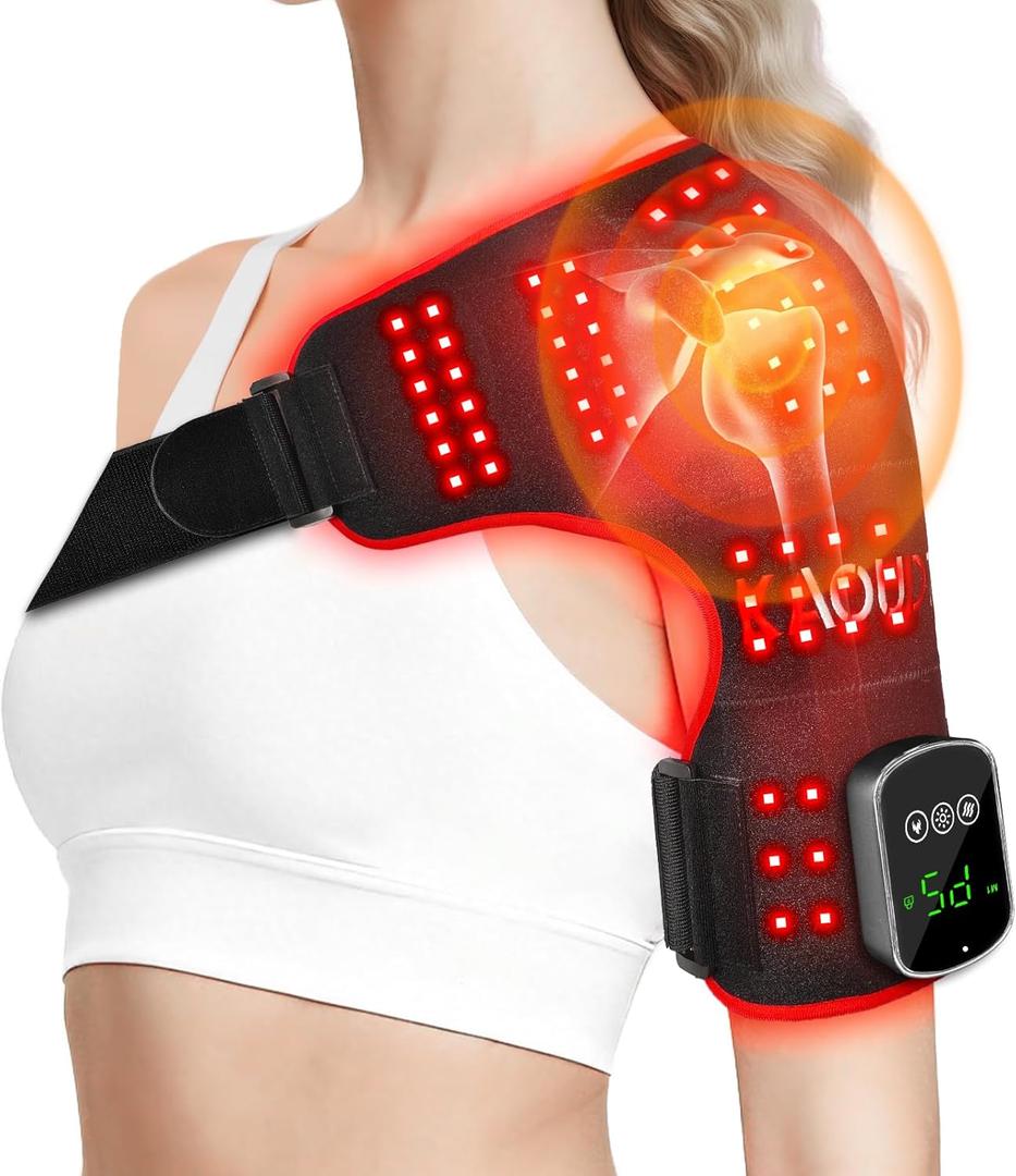 Kaoudt Cordless Red Light Therapy for Shoulder with Vibration Massage, 5000mAh Rechargeable Heated Shoulder Pad Massager, 660nm&850nm Near Infrared Light Therapy for Joint Pain Relief (Black)