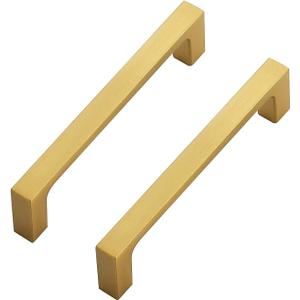 Ravinte 5 Pack Solid 4 Inch Kitchen Square Cabinet Handles Brushed Brass Cabinet Pulls Drawer Pulls Kitchen Cabinet Hardware Handles (4" Hole Center)