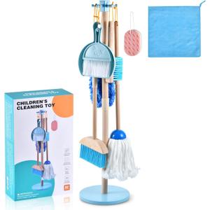 WHOHOLL Wooden Toddler Cleaning Set, Blue Toys Montessori Toys for 3+ Years Old Boy, Housekeeping Play Set Includes Broom Mop Duster Dustpan Sponge and Organizing Stand, STEM Skill Developmental Gift (B-blue)