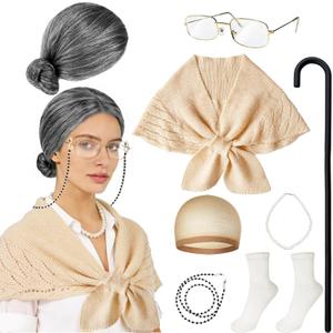 Old Lady Wig Costume for Women,Gray Hair Grandma Wig,Granny Cosplay Accessories Set for 100 Days of School Costume