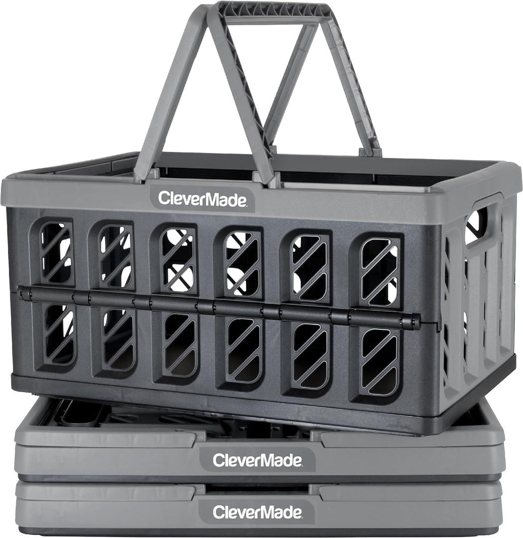 CleverMade Collapsible Shopping Baskets With Handles, 24L 3 Pack, Stone