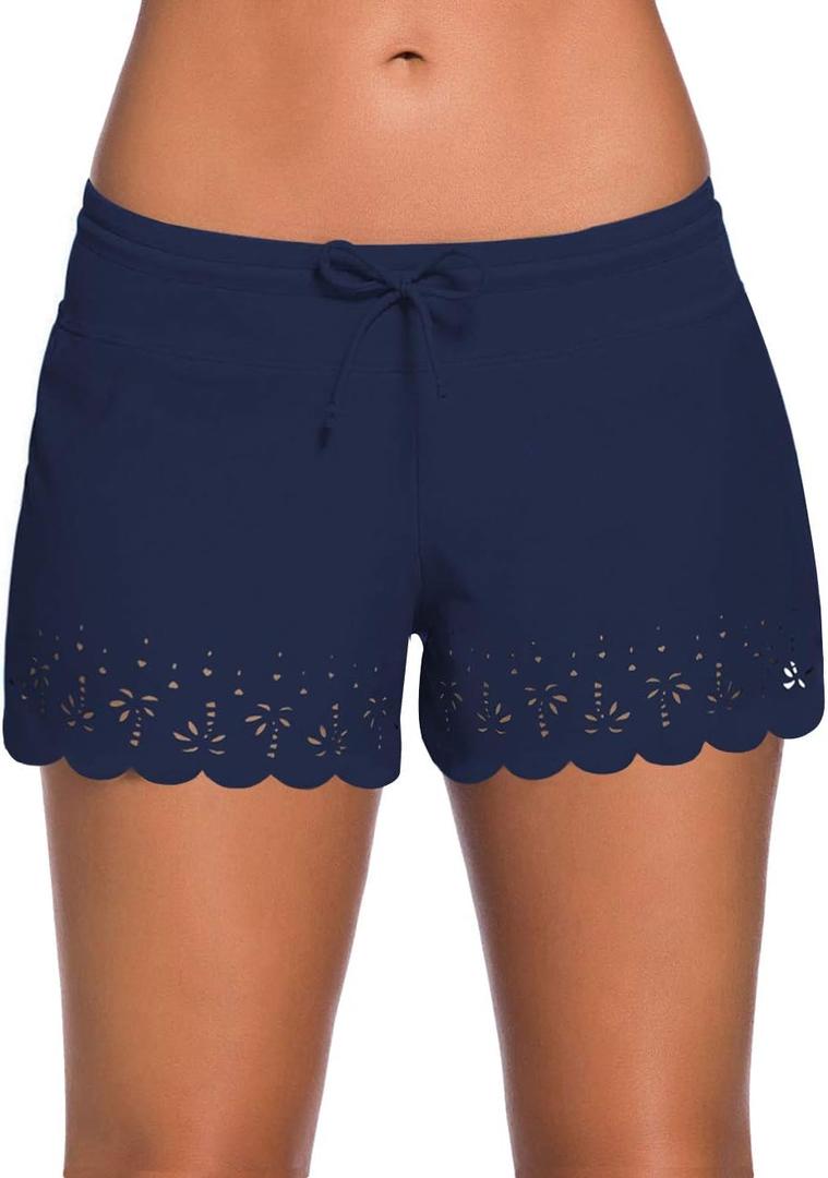 ChinFun Women's Board Shorts Swimswear Bottoms Tankini Swim Bathing Briefs Swimsuit Boardshorts Beach Trunks with Liner (Improved & Wave Edged Pierced-navy)