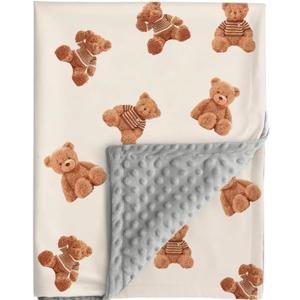 Bear and Buffalo Check Plaid Baby Blanket Gender Neutral Blankets for Newborn Baby Girls or Boys Nursery Toddler Double Layer Blanket with Dotted Backing and Bear Printed (Bear1)
