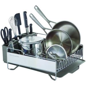 KitchenAid Large Capacity Full Size Rust Resistant Dish Rack with Angled Drain Board and Removable Flatware Caddy, Light Grey
