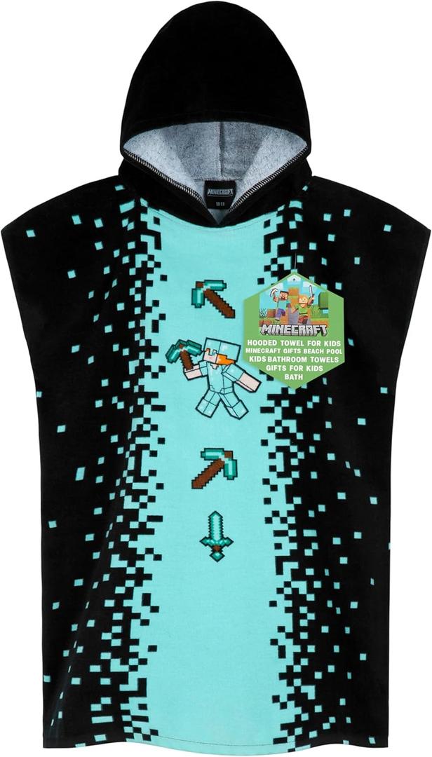 Minecraft Towelling Poncho Kids Teens Hooded Bath Towels Absorbent Beach Towel (Black/Blue, 10-13 Years)