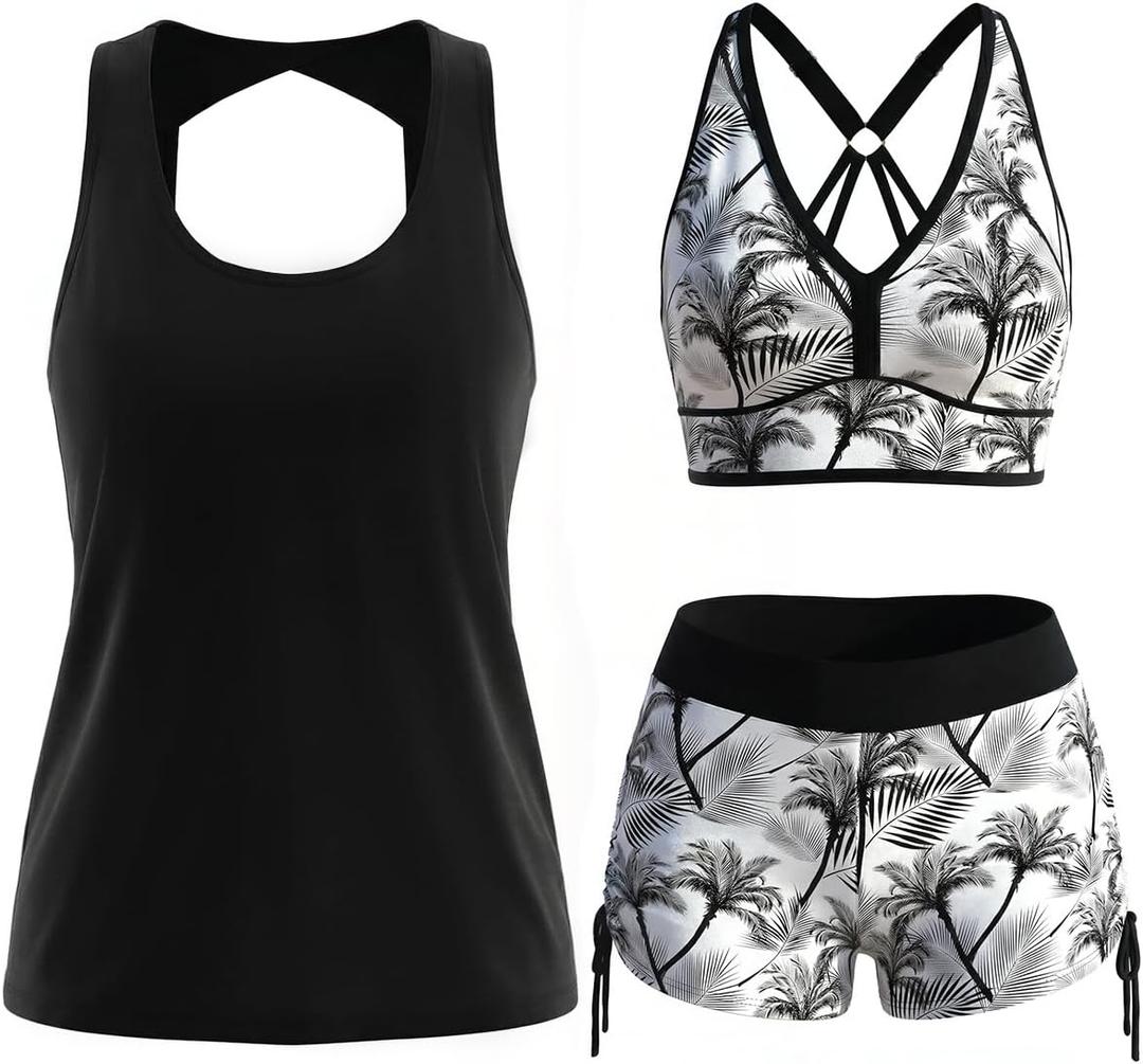 Modlily Classic 3 Piece Tankini Swimsuits for Women, Solid Tank Top & Plants Print Sports Bra with Drawstring Board Shorts (Large, Black)