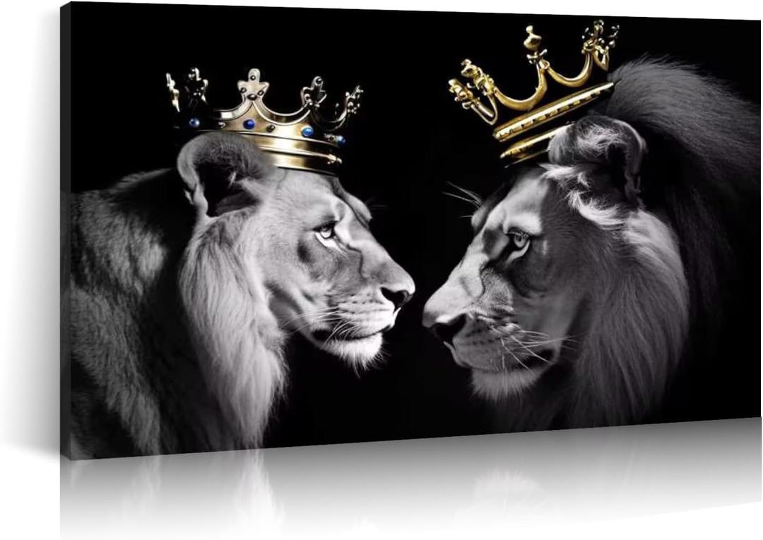 Lion Picture Wall Decor Canvas Wall Art Black and White Animal Poster Lion King and Queen Painting Prints Modern Artwork for Living Room Bedroom Home Office Decor Framed(Lion-2,16.00"x24.00")