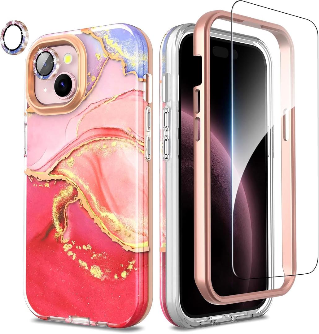 SHEDEER for iPhone 15 Case with Shiny Camera Protective Film + Screen Protector & Bumper, TPU Shockproof 360 Protection, Chic Glossy Fade-Resistant Pattern Phone Cases Cover for iPhone 15, Pink